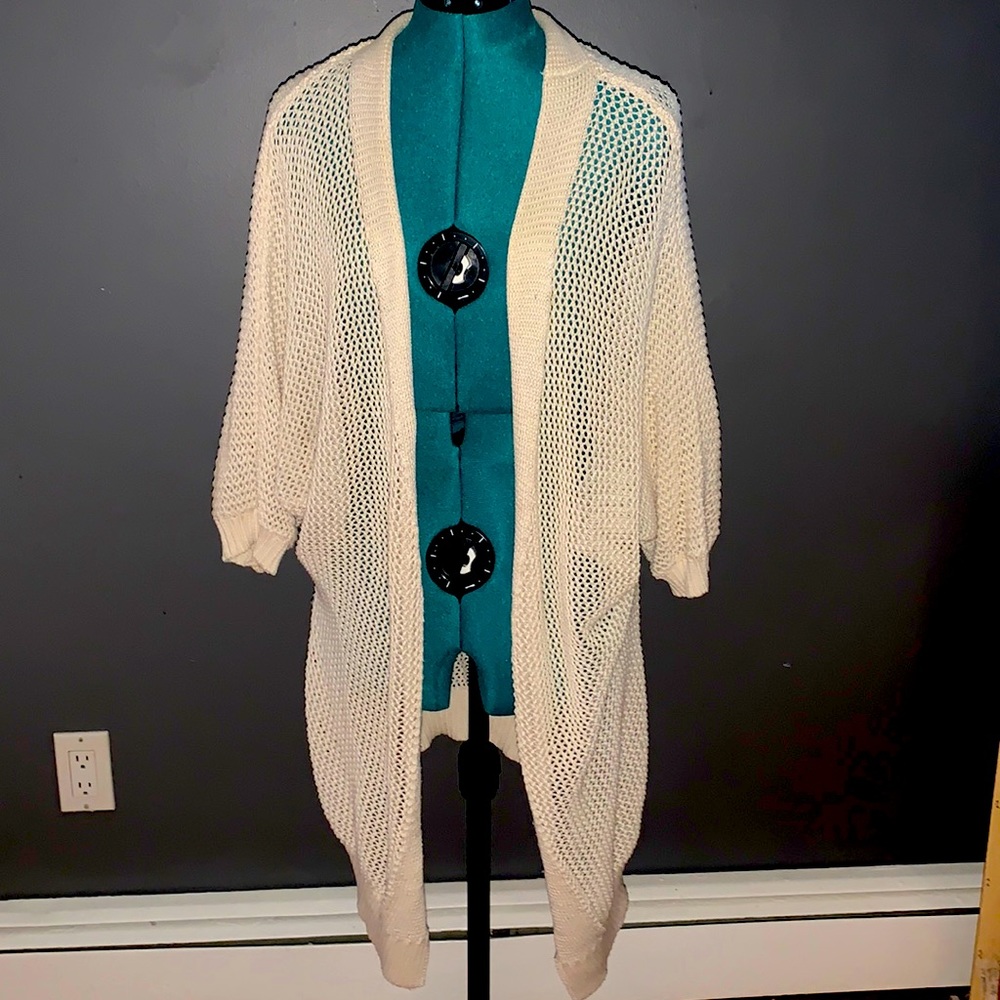 Long open knit half sleeve sweater cardigan